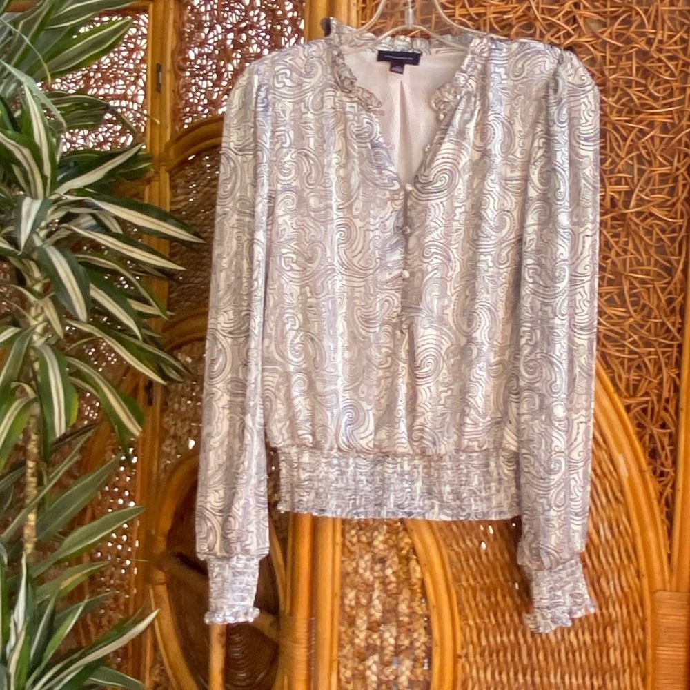 Tamara H. Elegant White & Black Paisley Blouse Gold Thread Striped Like New